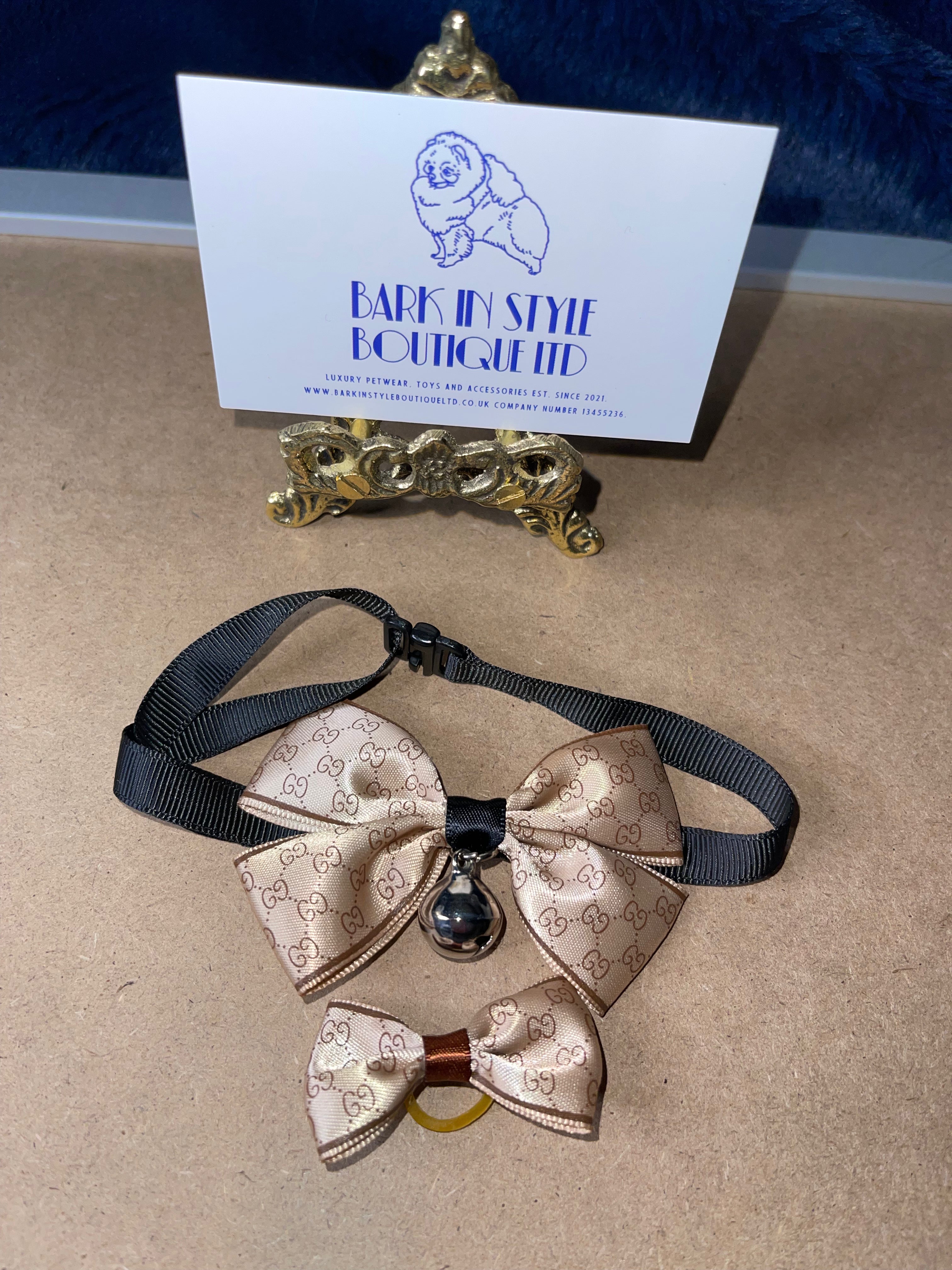 Hair Bow and Collar Set - Beige