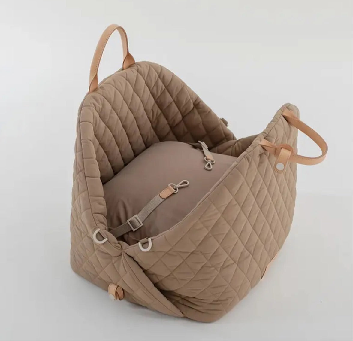 Quilted Dog Carrier with Vegan Leather Handles - Camel