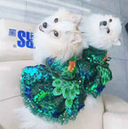 Handmade Embroidered Dog Peacock Dress with Tulle and Sequins - Green