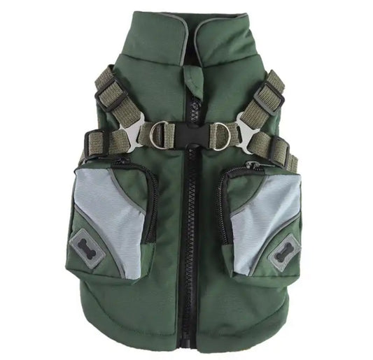 Quilted Dog Jacket with In-Built Harness and Poop Bag Dispenser - Military Green