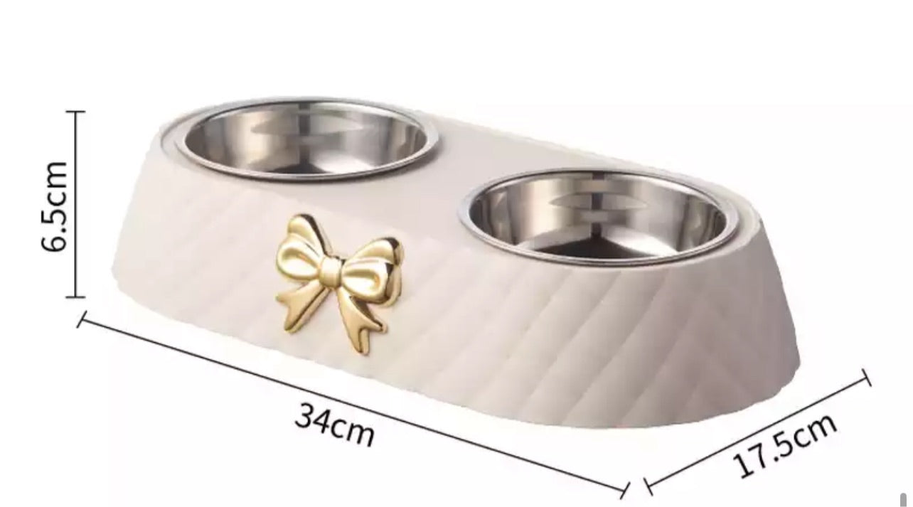 Quilted Gold Bow Twin Stainless Steel Dog Bowl - White/Green