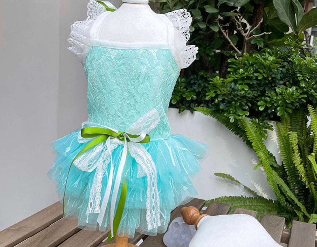 Lace Ruffle Dress with Tulle - Turquoise