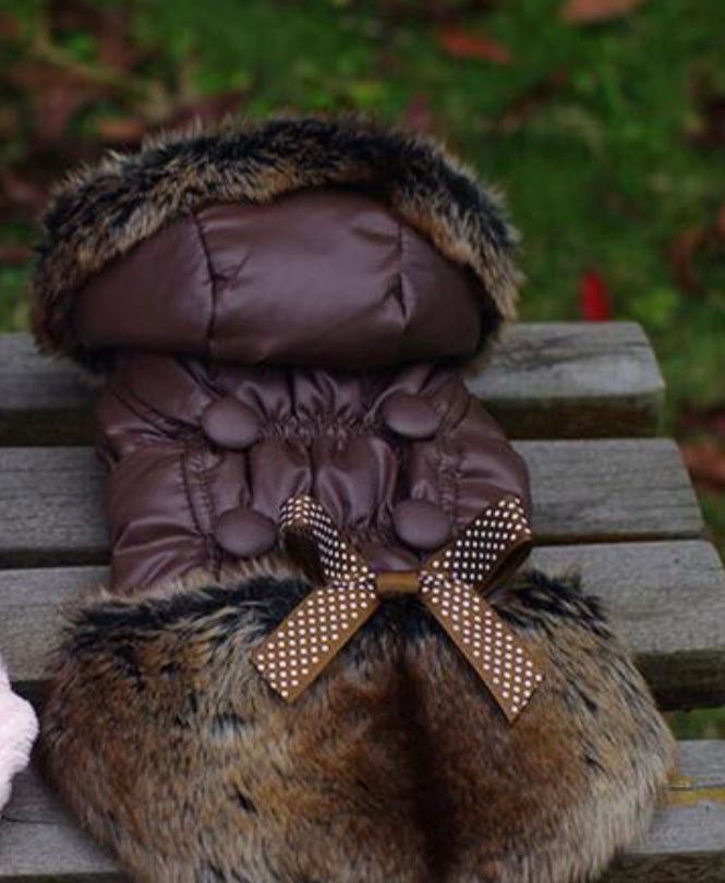 Faux Fur Trim Puffer Coat - Brown