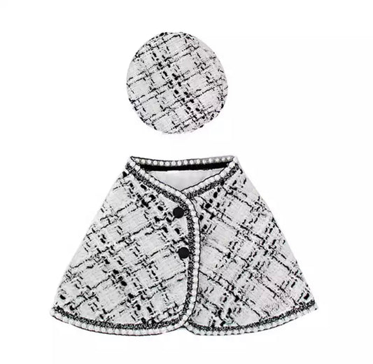 Plaid Tweed Pet Hat and Cloak Set - White