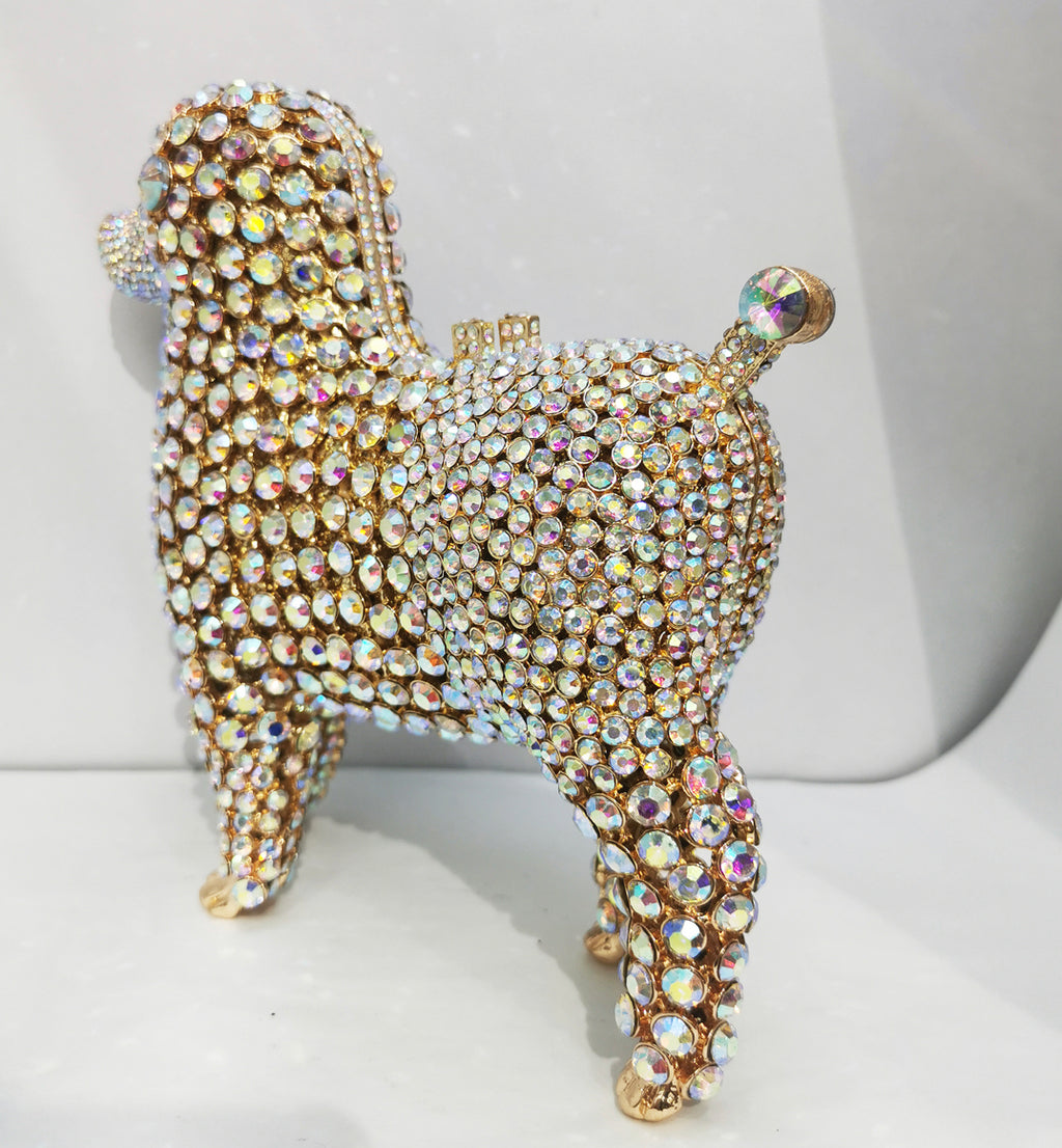 Ladies Rhinestone Crystal Dog Shaped Evening Handbag - Silver/Gold
