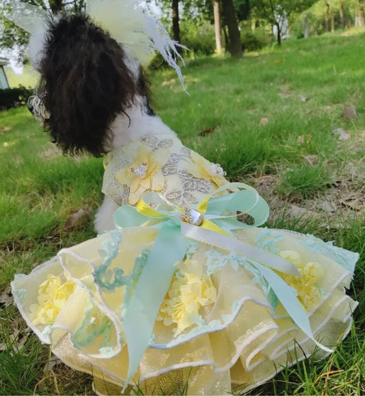 Ruffle Pearl Dog Dress - Yellow