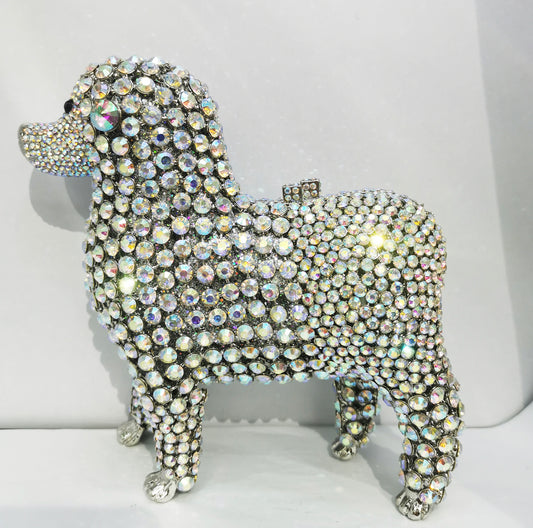 Ladies Rhinestone Crystal Dog Shaped Evening Handbag - Silver/Gold