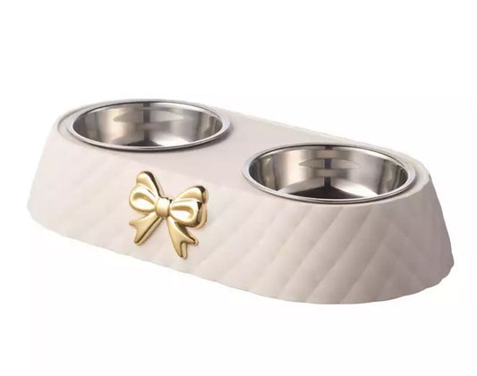Quilted Gold Bow Twin Stainless Steel Dog Bowl - White/Green