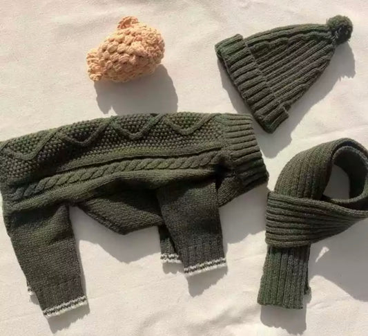 Knitted Dog Jumpsuit, Hat and Scarf set - Green