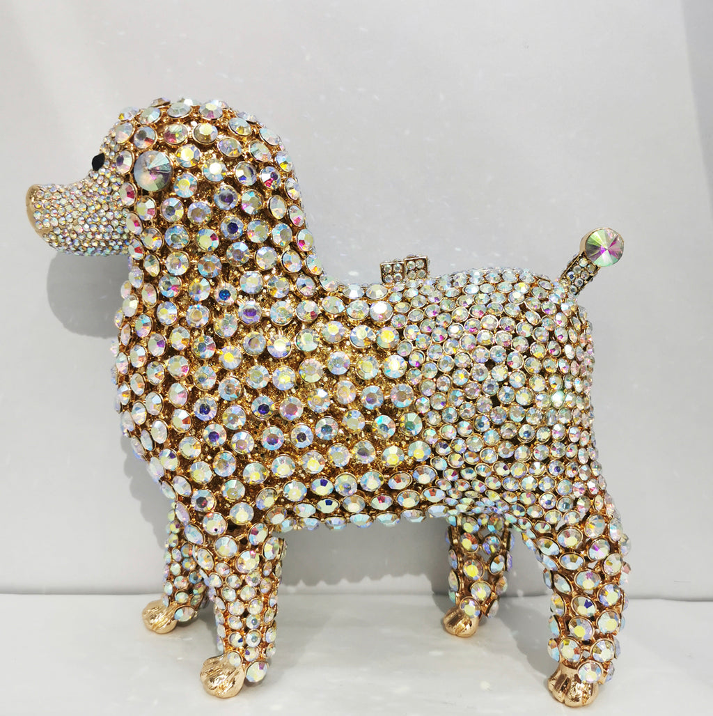 Ladies Rhinestone Crystal Dog Shaped Evening Handbag - Silver/Gold