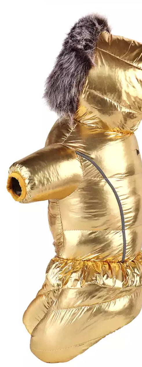 Peplum Metallic Light Reflective Faux Fur Trim Jumpsuit Coat - Gold
