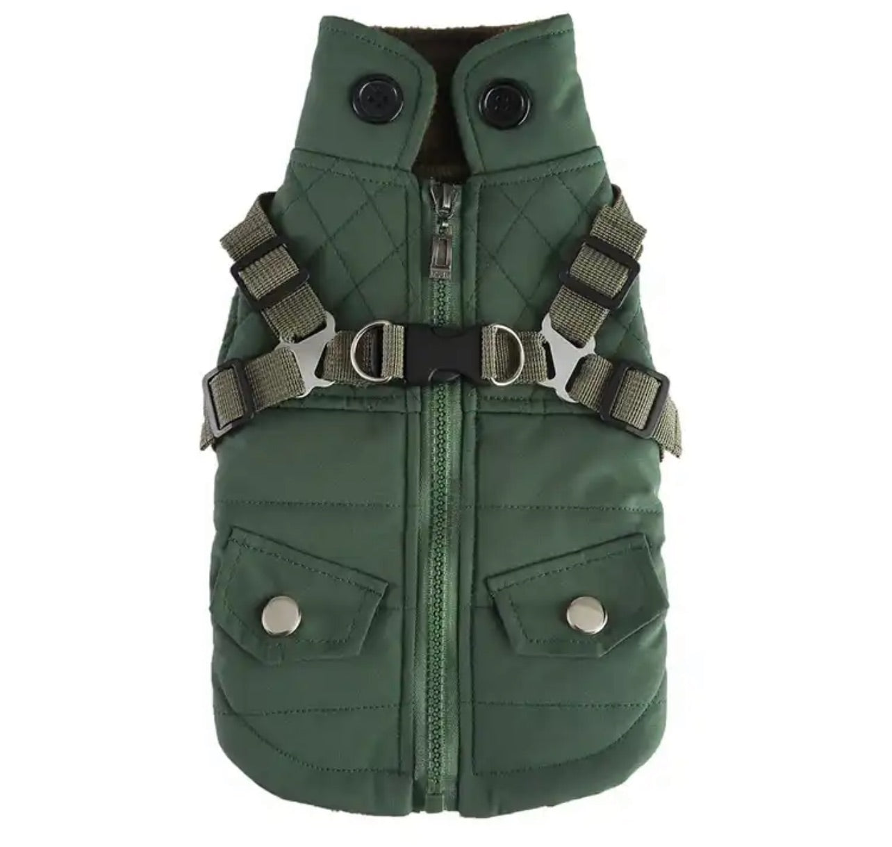 Quilted Dog Jacket with In-Built Harness - Military Green